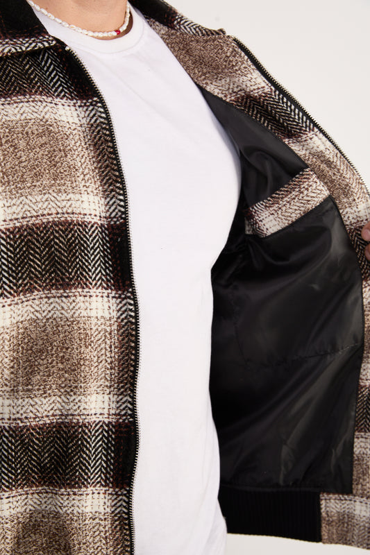 X-2038 Men’s Checked Zip-Up Bomber Jacket – Brown