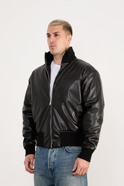 X-2040 Men’s Vegan Leather Bomber Jacket – Zip-Up Black Faux Leather Jacket