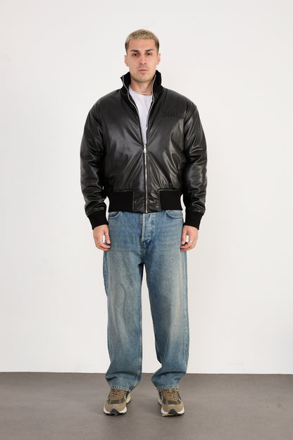 X-2040 Men’s Vegan Leather Bomber Jacket – Zip-Up Black Faux Leather Jacket