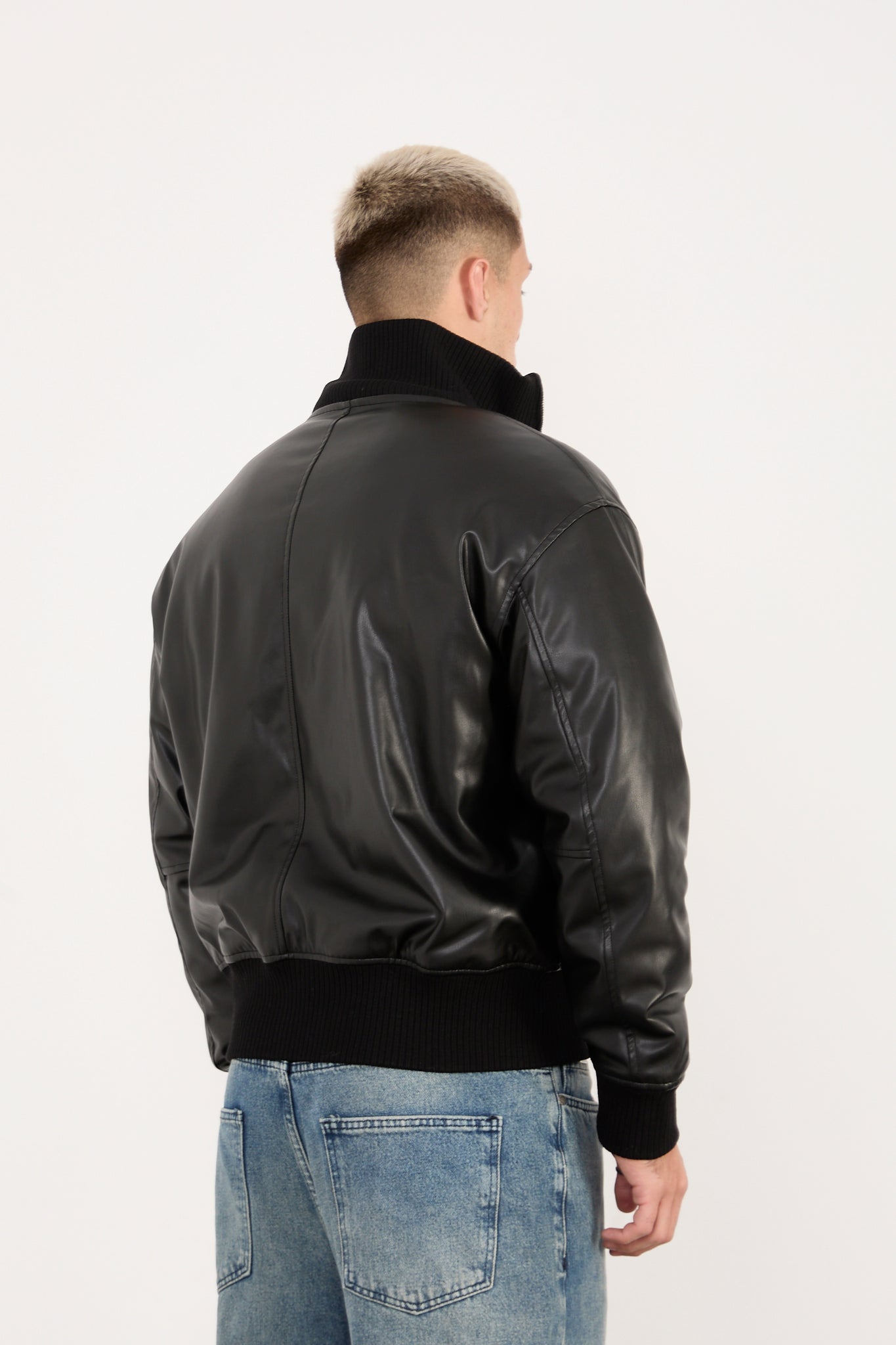 X-2040 Men’s Vegan Leather Bomber Jacket – Zip-Up Black Faux Leather Jacket