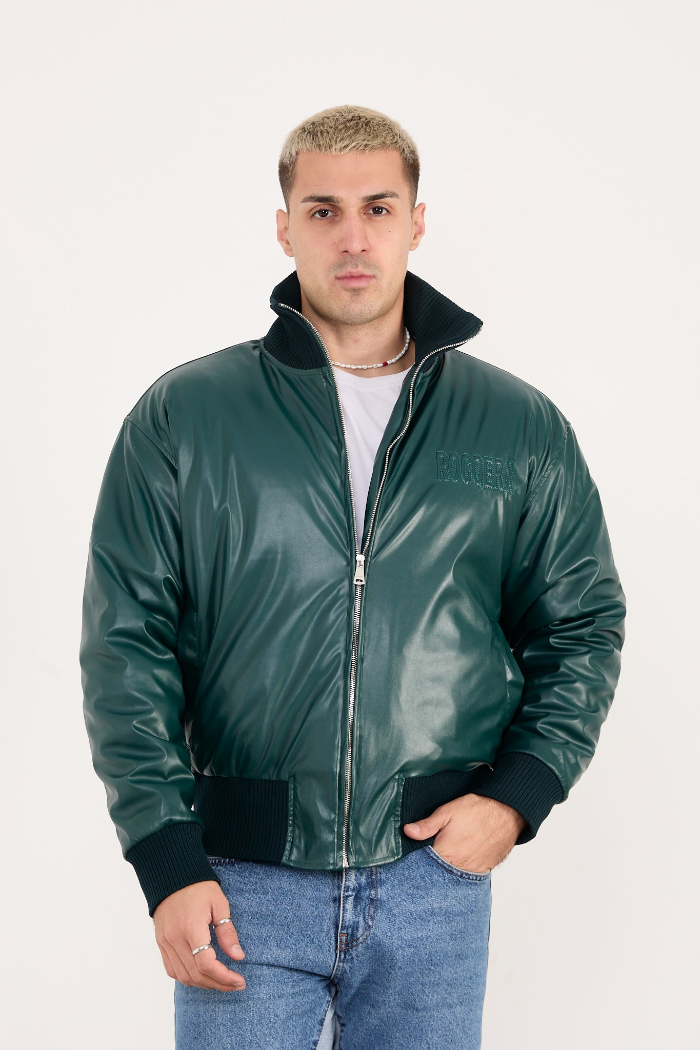 X-2040 Men’s Vegan Leather Bomber Jacket – Dark Green Zip-Up Faux Leather Jacket