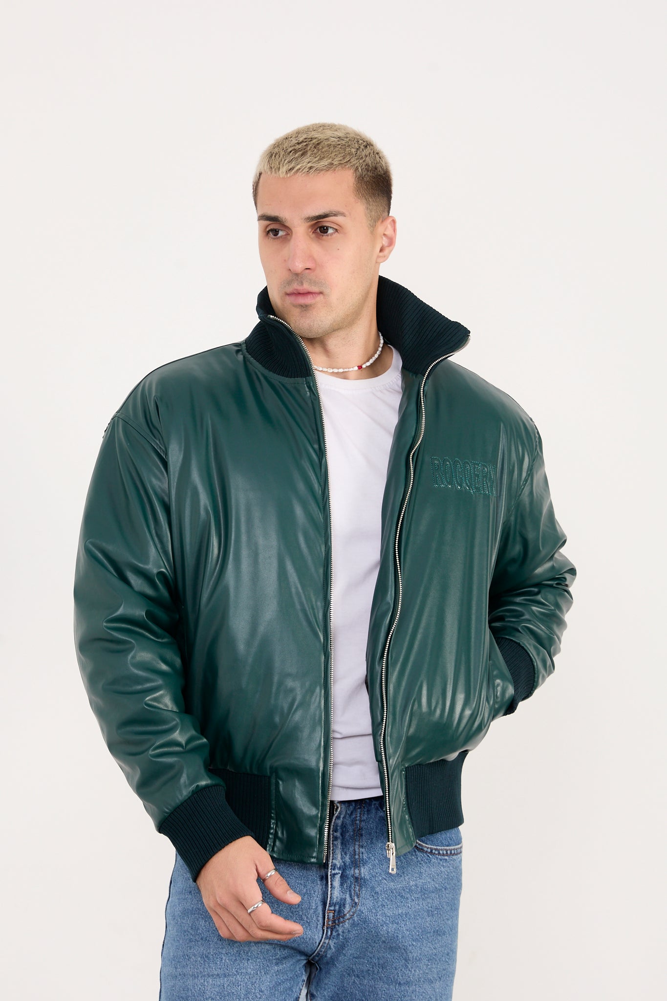X-2040 Men’s Vegan Leather Bomber Jacket – Dark Green Zip-Up Faux Leather Jacket
