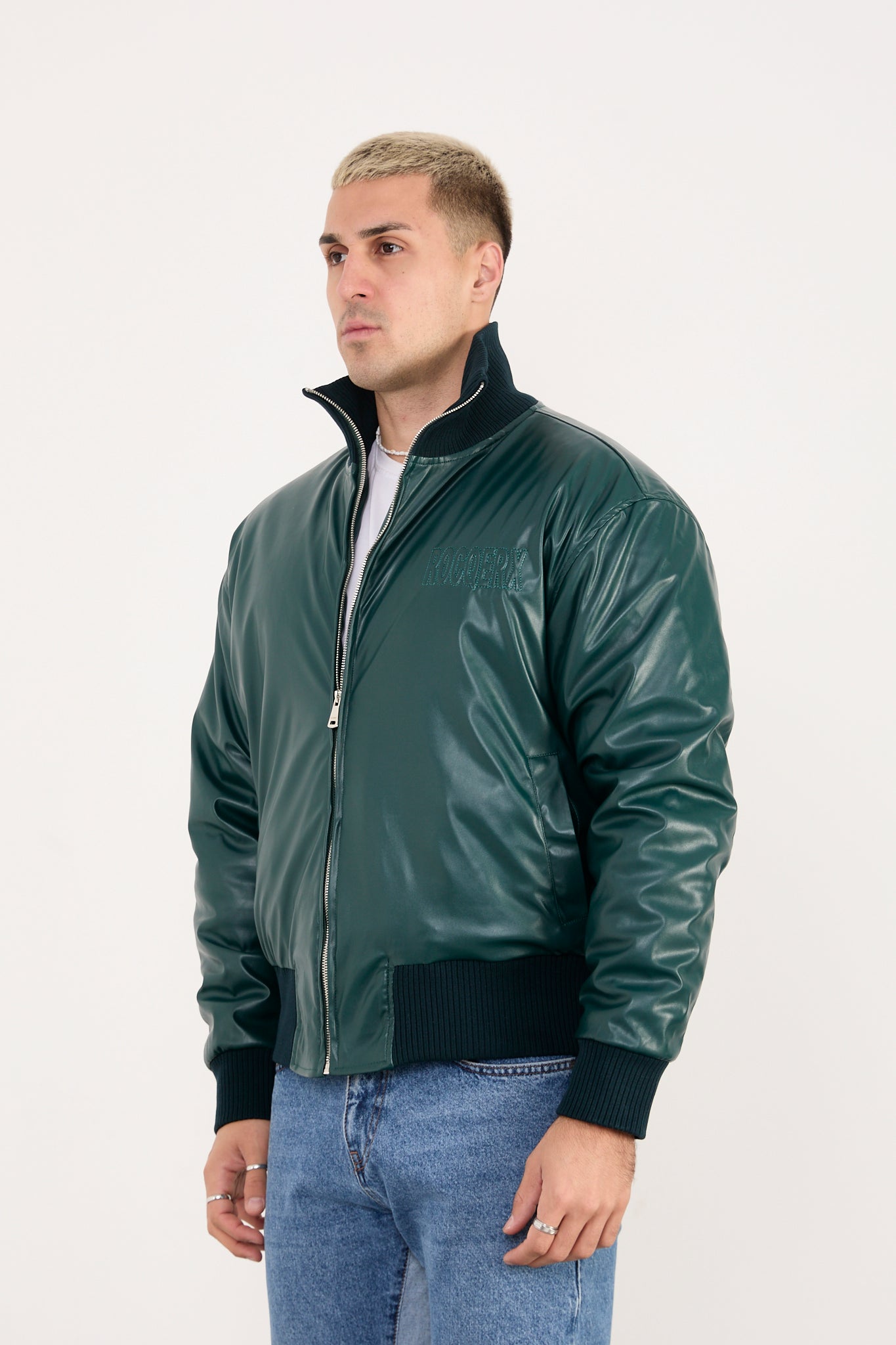 X-2040 Men’s Vegan Leather Bomber Jacket – Dark Green Zip-Up Faux Leather Jacket