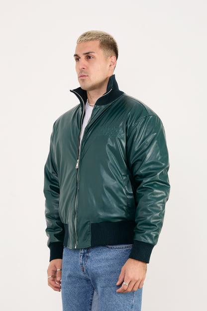 X-2040 Men’s Vegan Leather Bomber Jacket – Dark Green Zip-Up Faux Leather Jacket