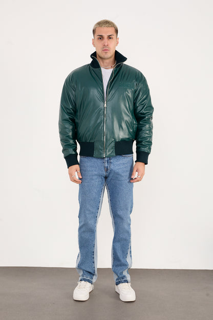 X-2040 Men’s Vegan Leather Bomber Jacket – Dark Green Zip-Up Faux Leather Jacket