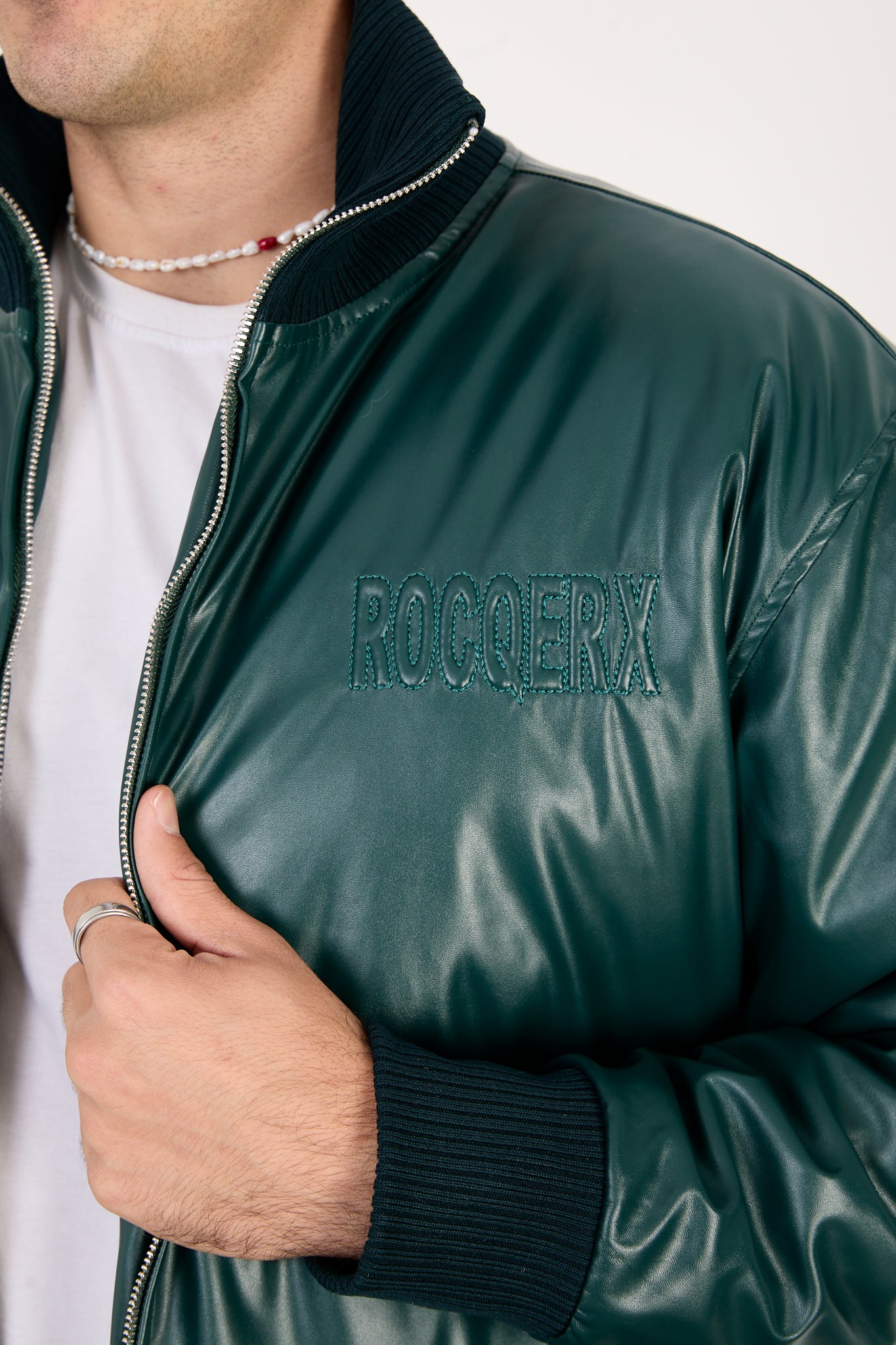 X-2040 Men’s Vegan Leather Bomber Jacket – Dark Green Zip-Up Faux Leather Jacket