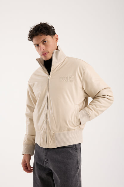 X-2040 Men’s Vegan Leather Bomber Jacket – Beige Zip-Up Faux Leather Jacket