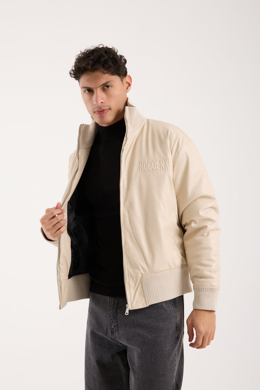 X-2040 Men’s Vegan Leather Bomber Jacket – Beige Zip-Up Faux Leather Jacket