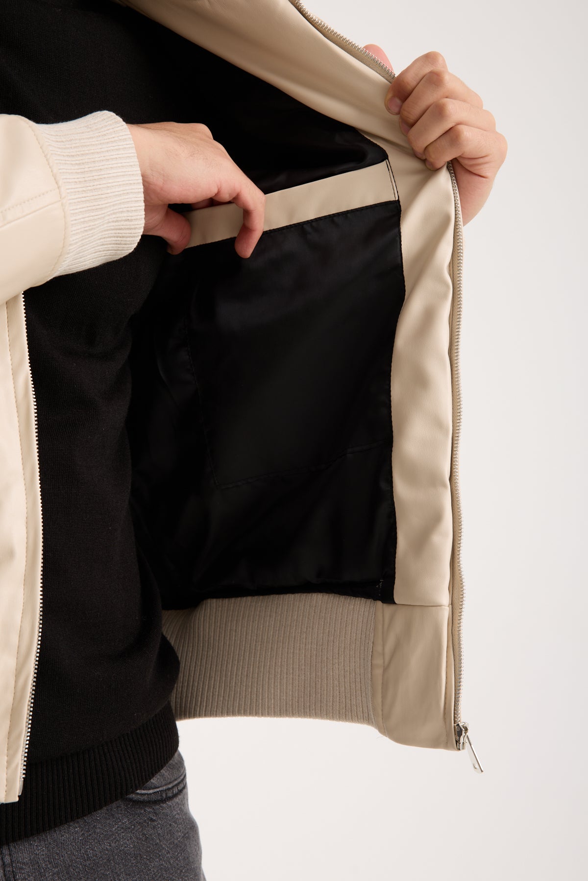 X-2040 Men’s Vegan Leather Bomber Jacket – Beige Zip-Up Faux Leather Jacket