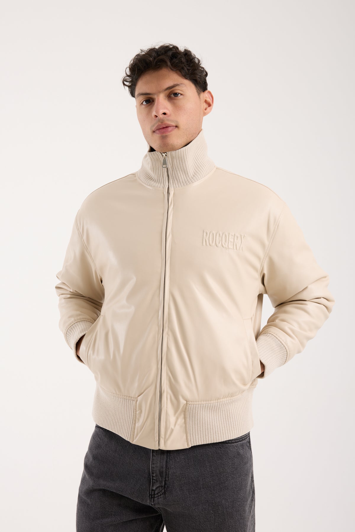 X-2040 Men’s Vegan Leather Bomber Jacket – Beige Zip-Up Faux Leather Jacket