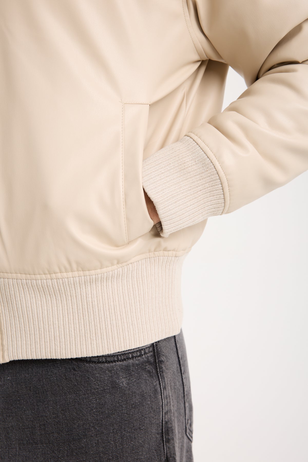 X-2040 Men’s Vegan Leather Bomber Jacket – Beige Zip-Up Faux Leather Jacket