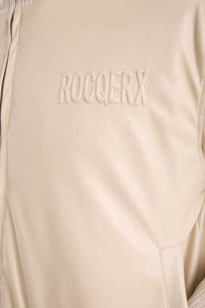 X-2040 Men’s Vegan Leather Bomber Jacket – Beige Zip-Up Faux Leather Jacket