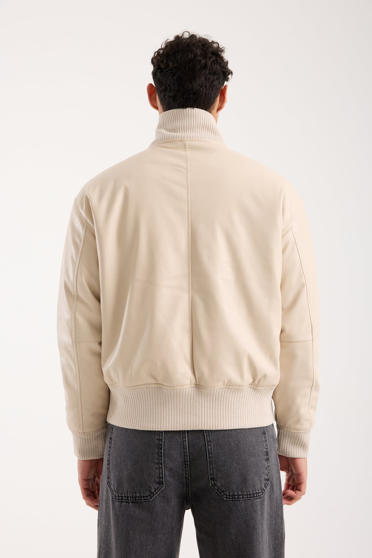 X-2040 Men’s Vegan Leather Bomber Jacket – Beige Zip-Up Faux Leather Jacket