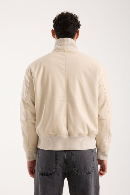 X-2040 Men’s Vegan Leather Bomber Jacket – Beige Zip-Up Faux Leather Jacket