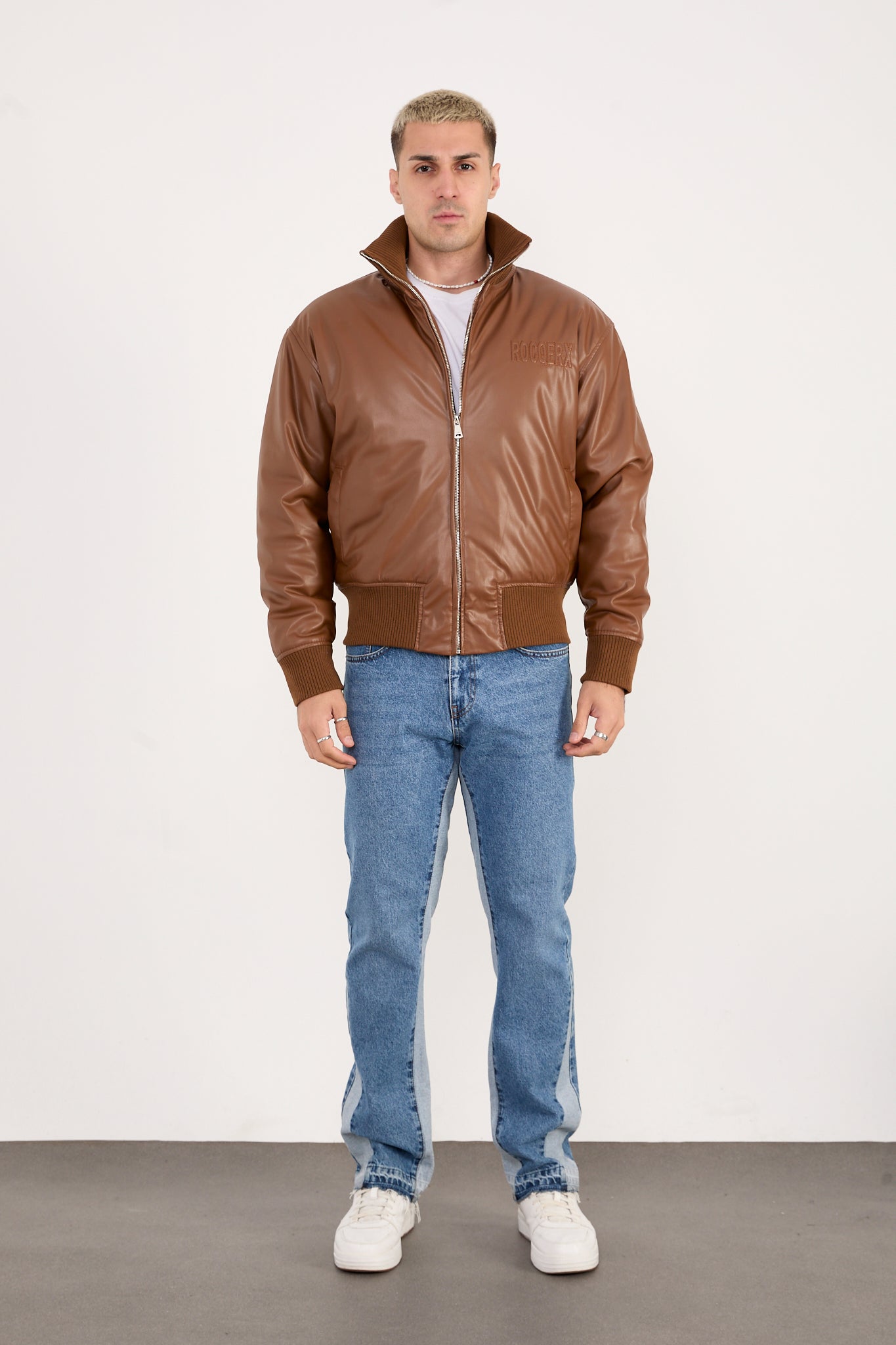 X-2040 Men’s Vegan Leather Bomber Jacket – Brown Zip-Up Faux Leather Jacket