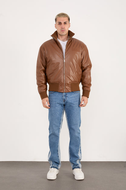 X-2040 Men’s Vegan Leather Bomber Jacket – Brown Zip-Up Faux Leather Jacket