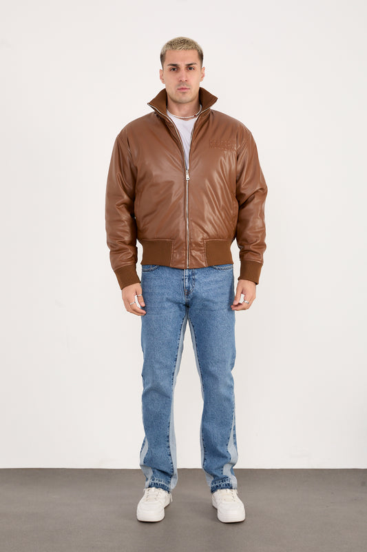 X-2040 Men’s Vegan Leather Bomber Jacket – Brown Zip-Up Faux Leather Jacket