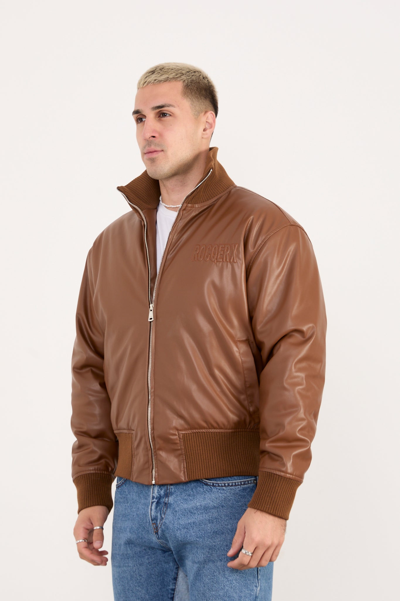 X-2040 Men’s Vegan Leather Bomber Jacket – Brown Zip-Up Faux Leather Jacket