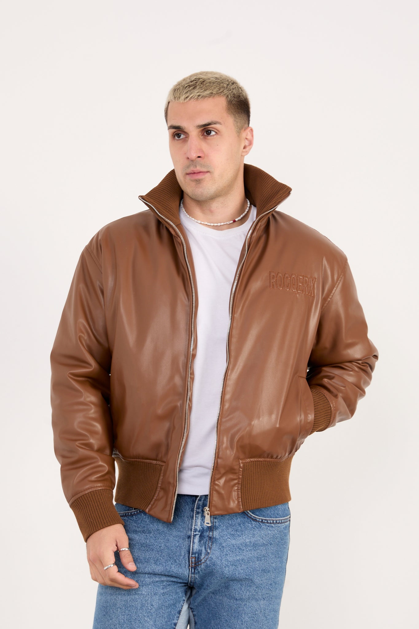 X-2040 Men’s Vegan Leather Bomber Jacket – Brown Zip-Up Faux Leather Jacket