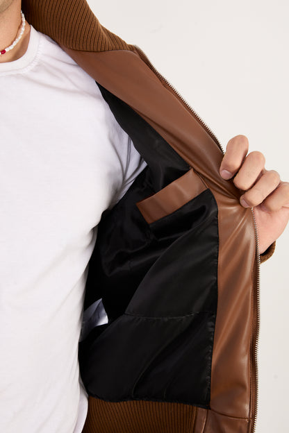 X-2040 Men’s Vegan Leather Bomber Jacket – Brown Zip-Up Faux Leather Jacket