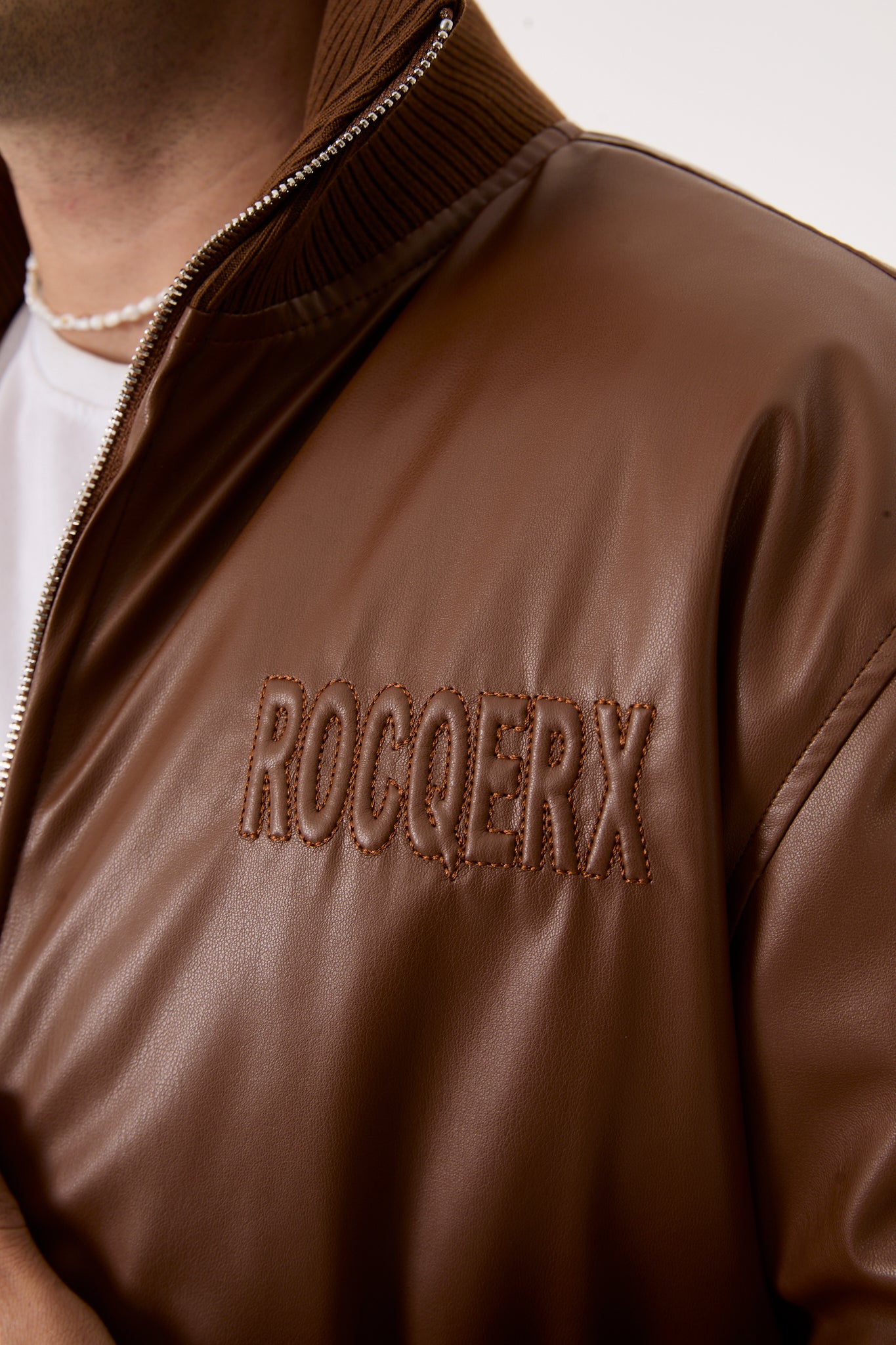 X-2040 Men’s Vegan Leather Bomber Jacket – Brown Zip-Up Faux Leather Jacket