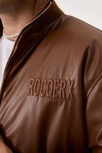 X-2040 Men’s Vegan Leather Bomber Jacket – Brown Zip-Up Faux Leather Jacket