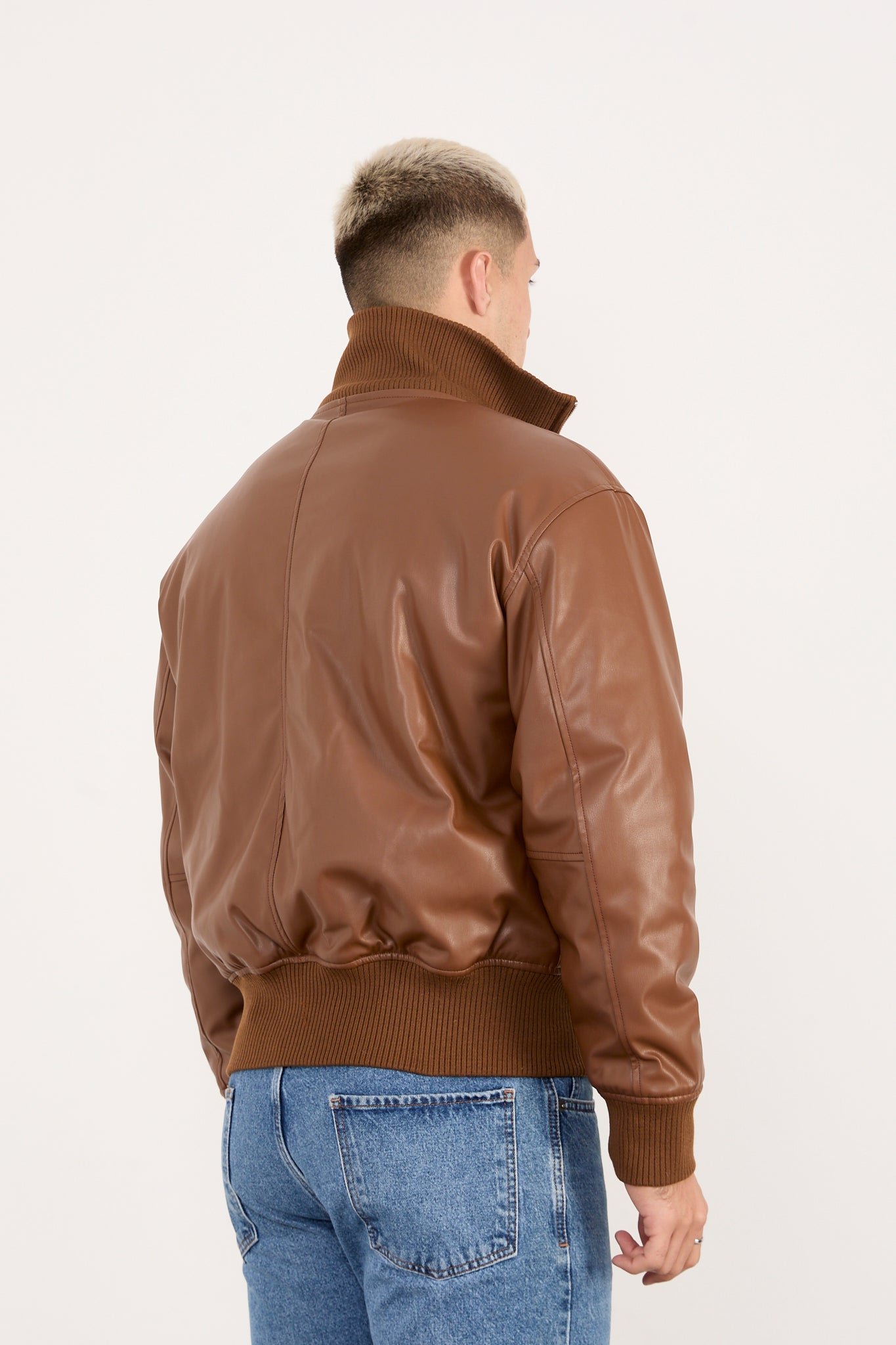 X-2040 Men’s Vegan Leather Bomber Jacket – Brown Zip-Up Faux Leather Jacket