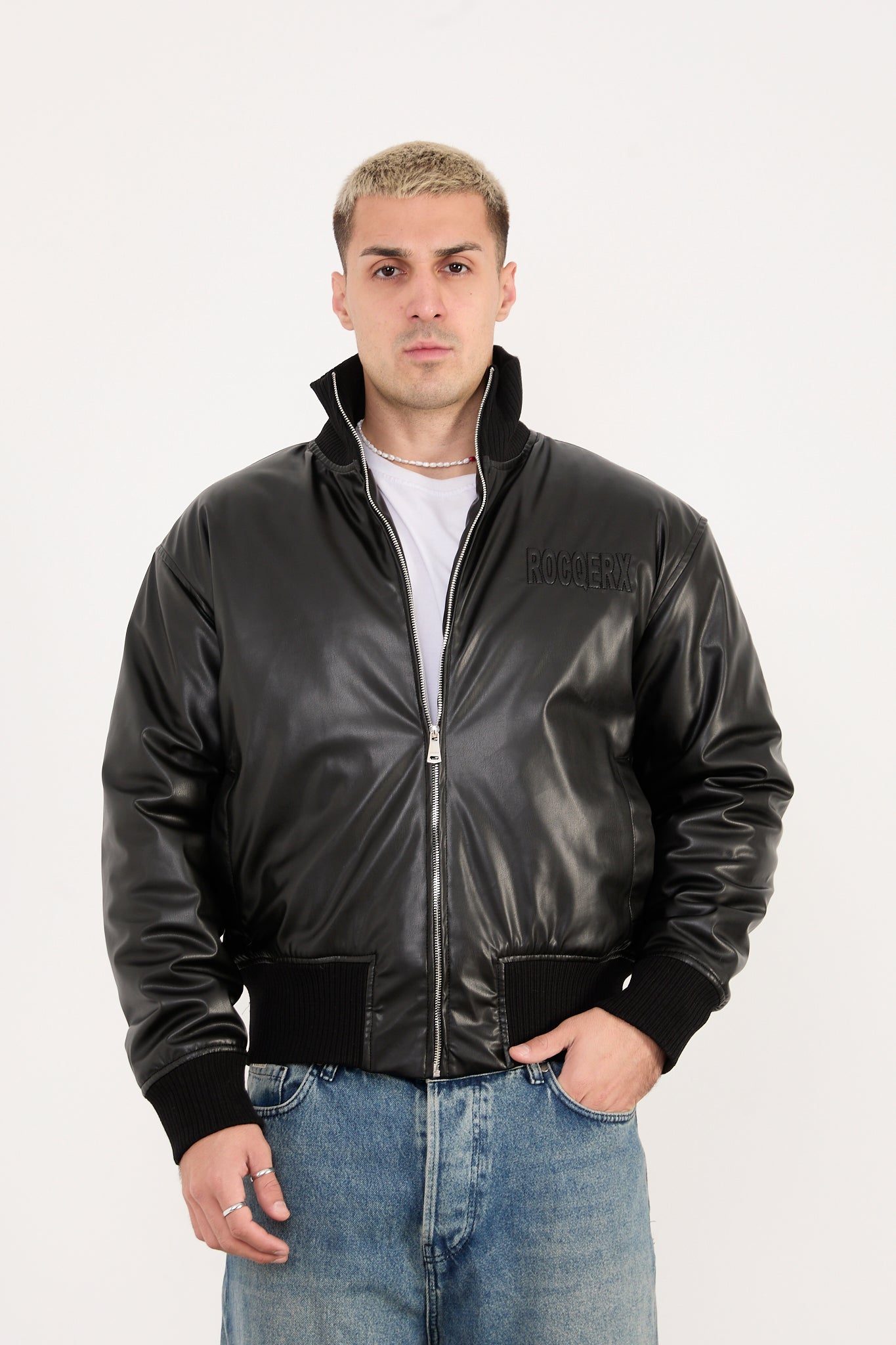 X-2040 Men’s Vegan Leather Bomber Jacket – Zip-Up Black Faux Leather Jacket