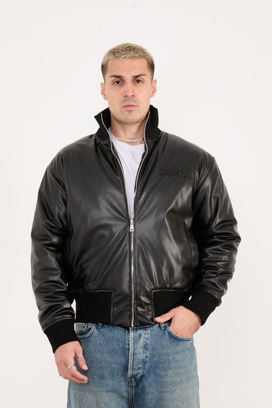X-2040 Men’s Vegan Leather Bomber Jacket – Zip-Up Black Faux Leather Jacket
