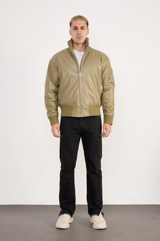 X-2040 Men’s Vegan Leather Bomber Jacket – Olive Zip-Up Faux Leather Jacket