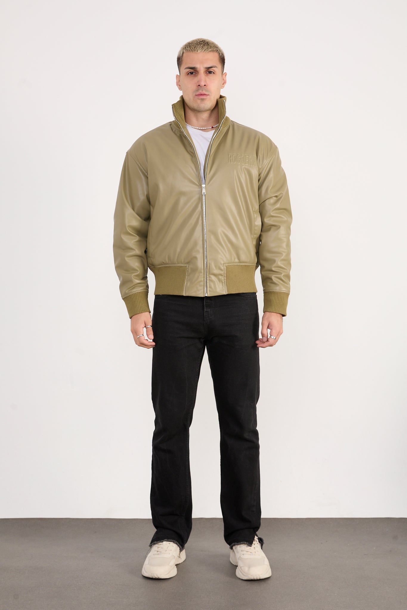 X-2040 Men’s Vegan Leather Bomber Jacket – Olive Zip-Up Faux Leather Jacket