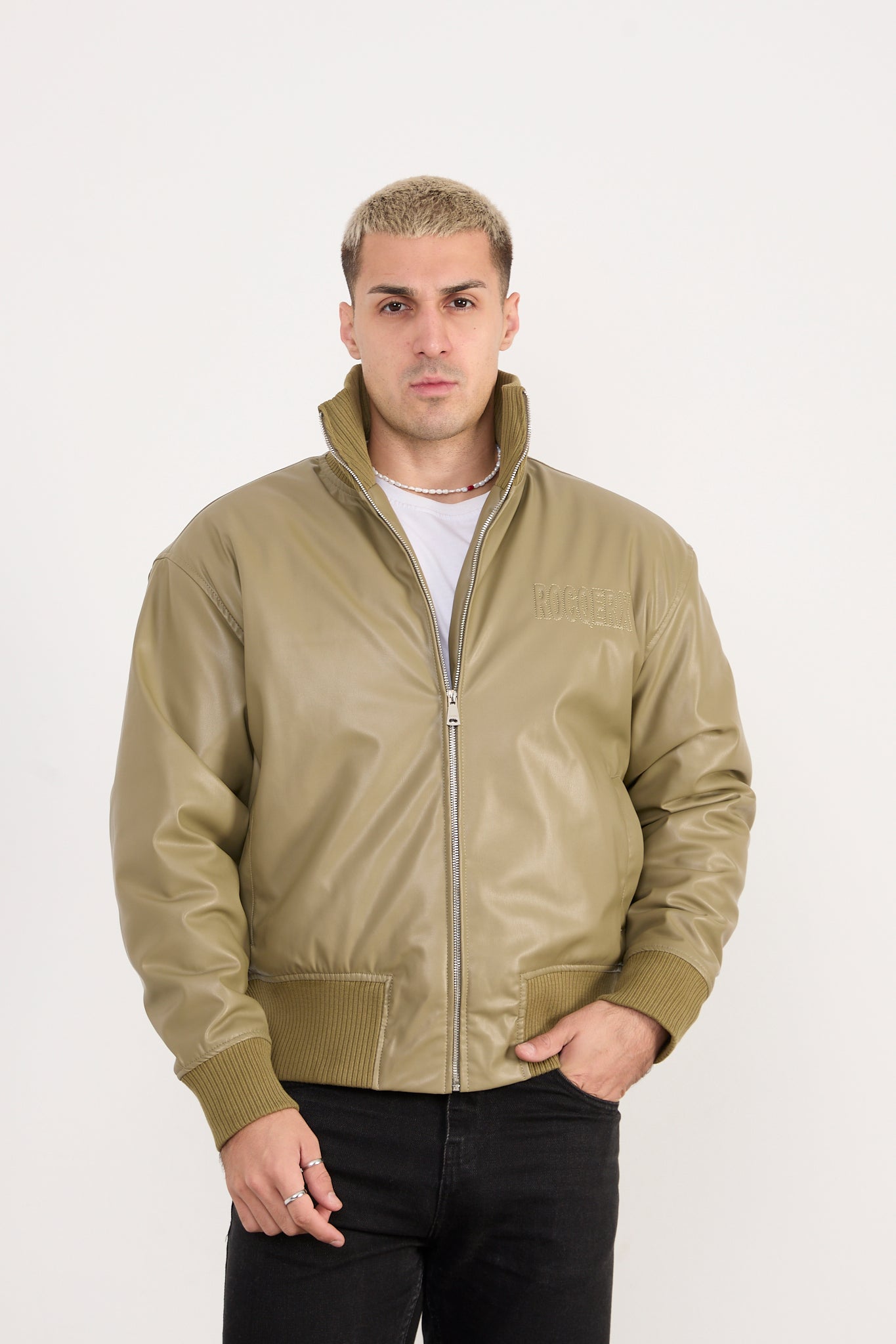 X-2040 Men’s Vegan Leather Bomber Jacket – Olive Zip-Up Faux Leather Jacket