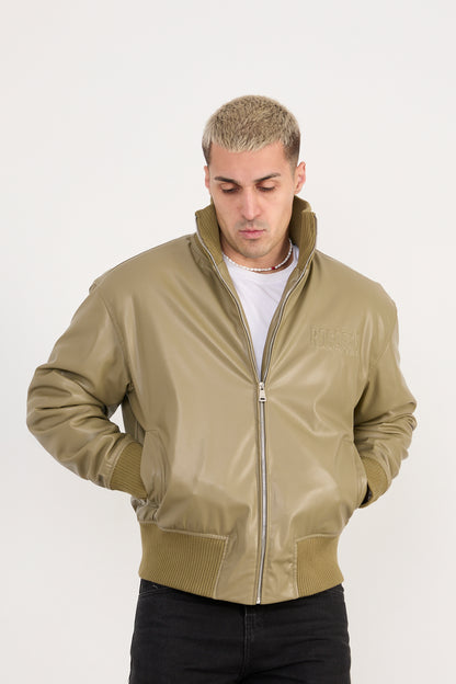 X-2040 Men’s Vegan Leather Bomber Jacket – Olive Zip-Up Faux Leather Jacket