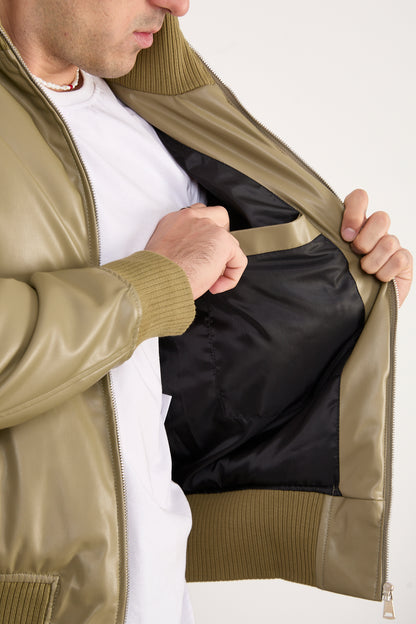 X-2040 Men’s Vegan Leather Bomber Jacket – Olive Zip-Up Faux Leather Jacket
