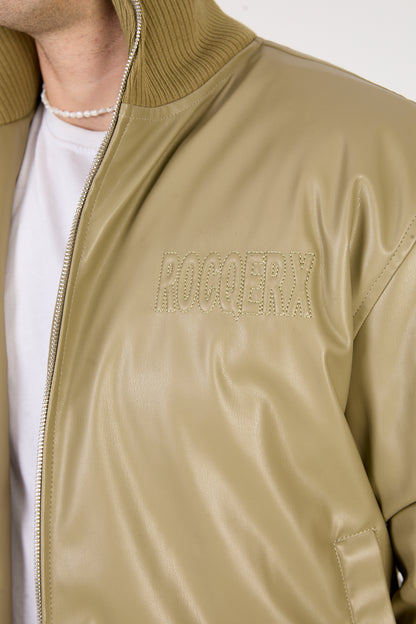 X-2040 Men’s Vegan Leather Bomber Jacket – Olive Zip-Up Faux Leather Jacket