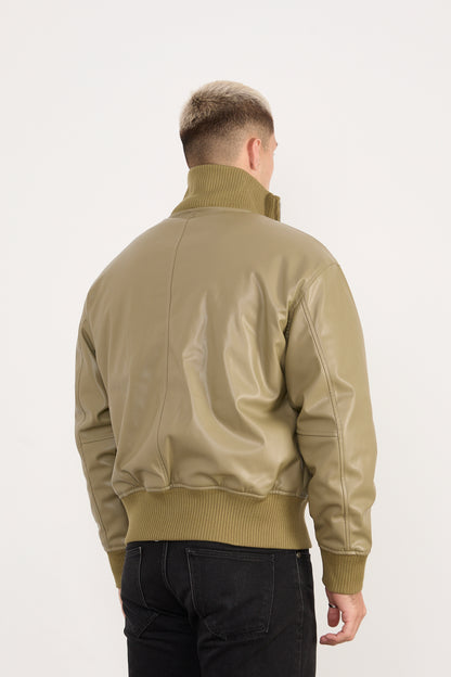X-2040 Men’s Vegan Leather Bomber Jacket – Olive Zip-Up Faux Leather Jacket