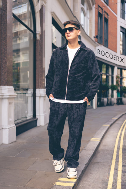 X-3002 Unisex Black Velvet Tracksuit – Premium Zip-Up Jacket & Trousers Set