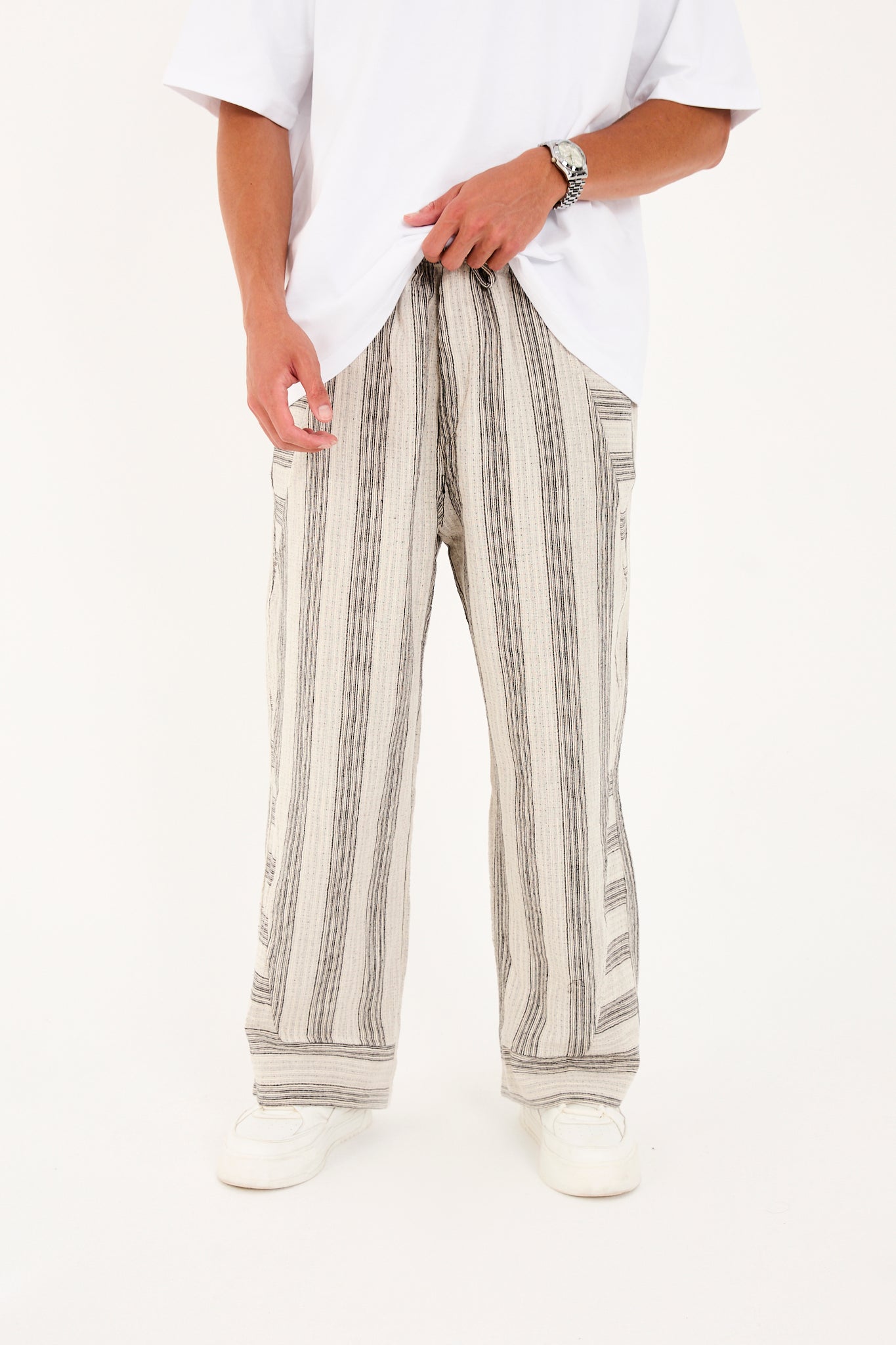Elastic Waist Striped Muslin Pants with Stitch Detail R-4434
