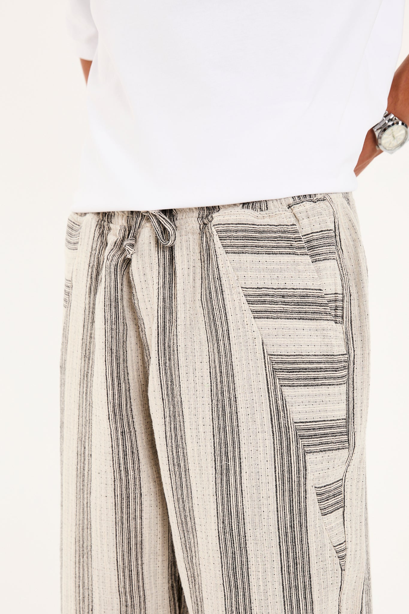 Elastic Waist Striped Muslin Pants with Stitch Detail R-4434