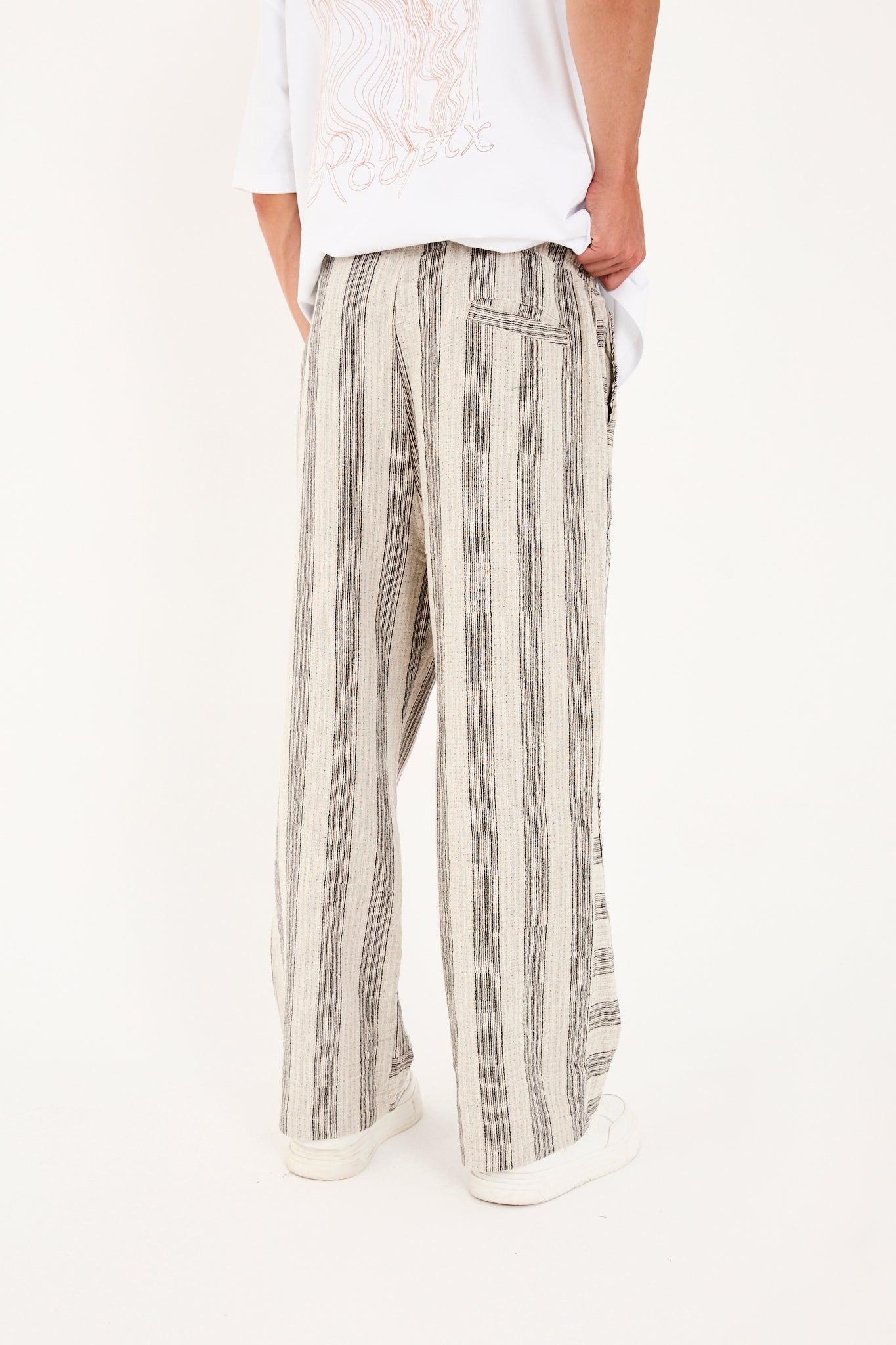 Elastic Waist Striped Muslin Pants with Stitch Detail R-4434