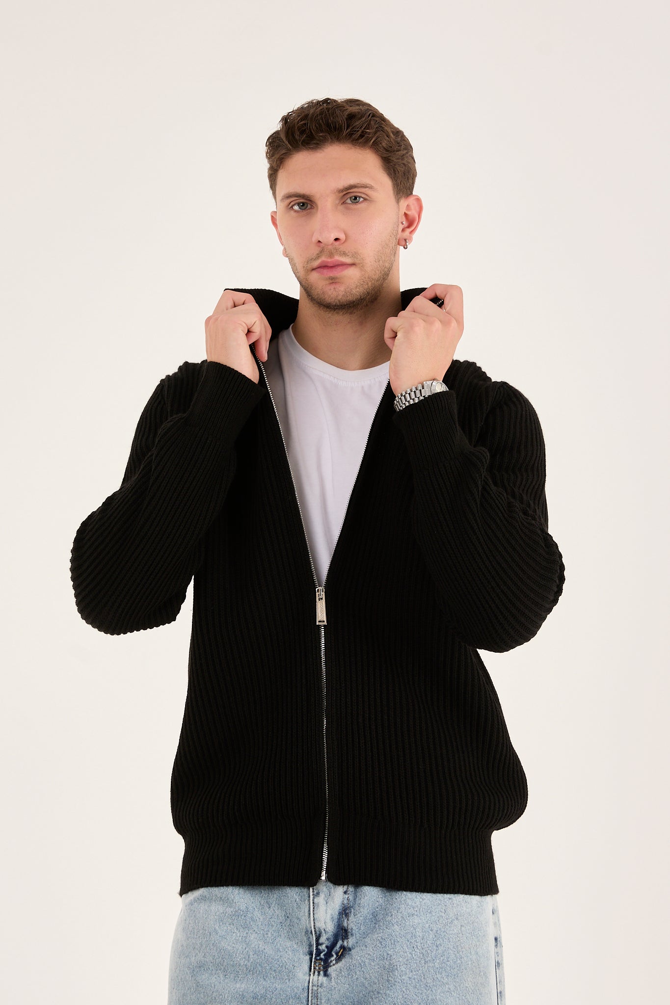 X-5003 Black Zip-Up Knit Cardigan for Men | Premium Ribbed Sweater