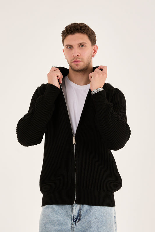 X-5003 Black Zip-Up Knit Cardigan for Men | Premium Ribbed Sweater