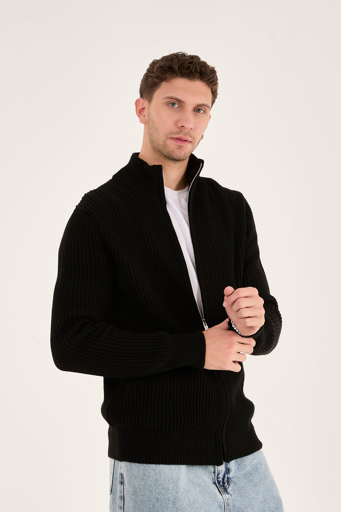 X-5003 Black Zip-Up Knit Cardigan for Men | Premium Ribbed Sweater
