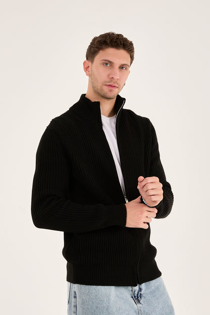 X-5006 Black Zip-Up Knit Cardigan for Men | Premium Ribbed Sweater