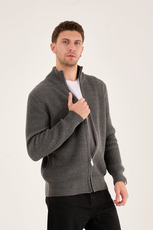 X-5003 Men’s Grey Ribbed Zip-Up Knit Cardigan – Premium Heavy Knit
