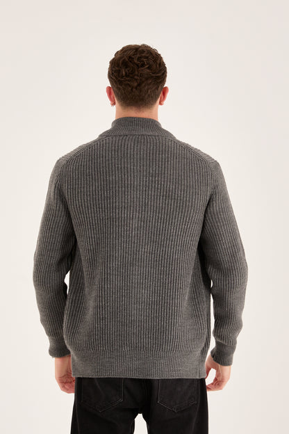 X-5006 Men’s Grey Ribbed Zip-Up Knit Cardigan – Premium Heavy Knit