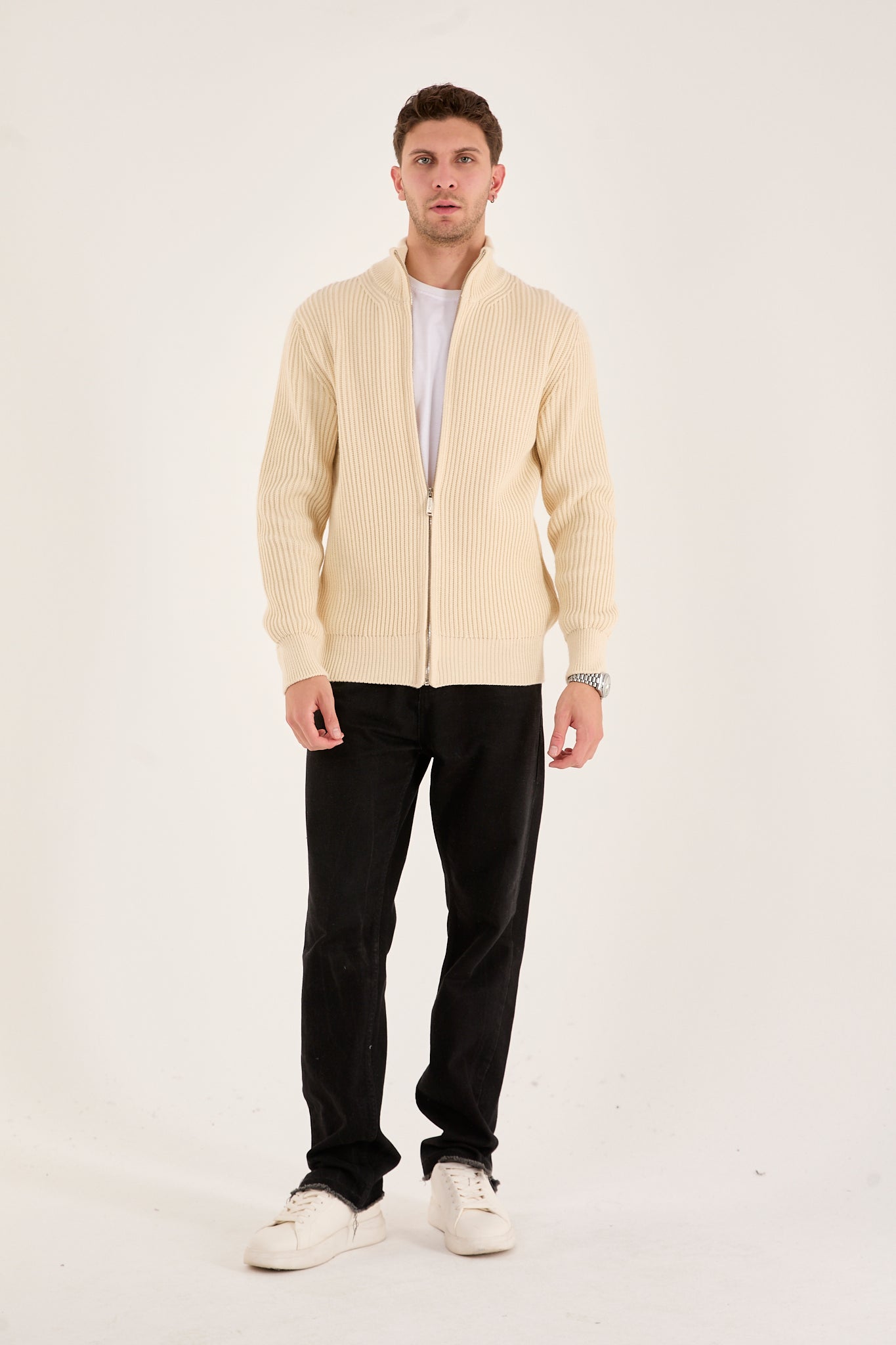 X-5003 Men’s Cream Ribbed Zip-Up Knit Cardigan – Premium Heavy Knit