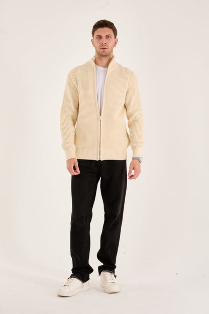 Men’s Cream Ribbed Zip-Up Knit Cardigan – Premium Heavy Knit-X-5006