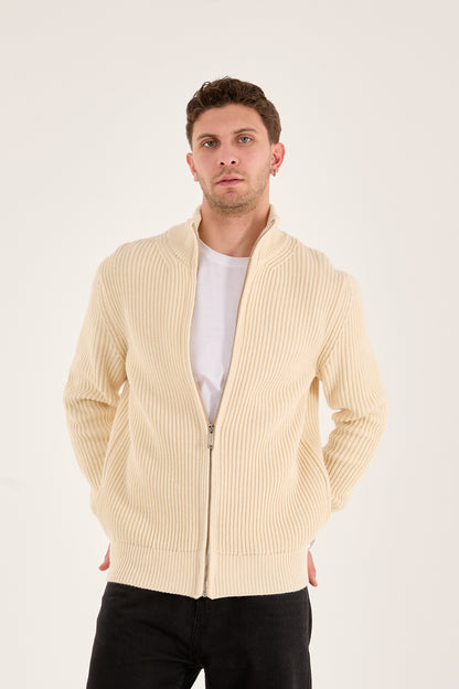 Men’s Cream Ribbed Zip-Up Knit Cardigan – Premium Heavy Knit-X-5006