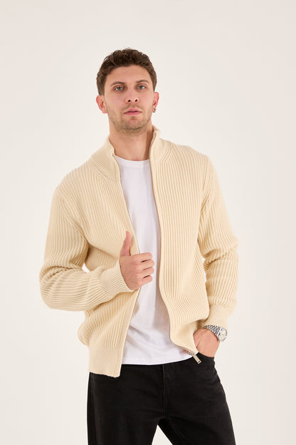 Men’s Cream Ribbed Zip-Up Knit Cardigan – Premium Heavy Knit-X-5006